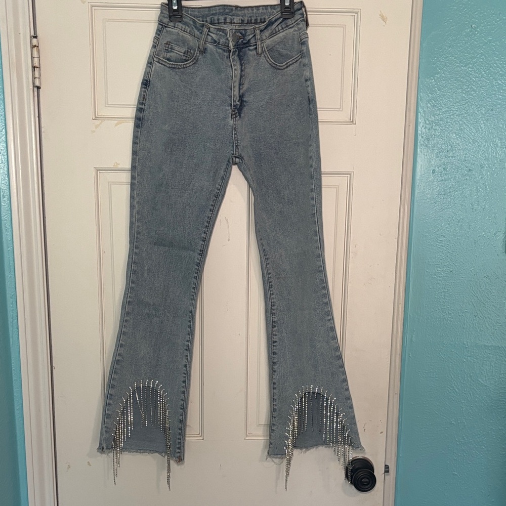 Light Blue Flare Jeans with Rhinestone Fringe Detail